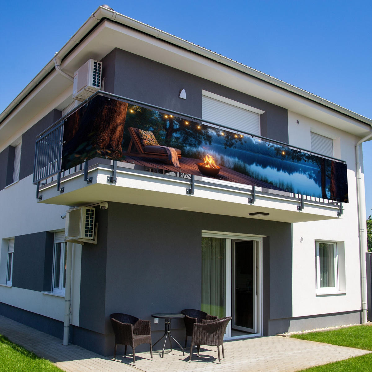BALKON-SICHTSCHUTZ Lagerfeuer - See - Abendlicht - Dunkelblau, Kunststoff (500/90cm) - MuchoWow