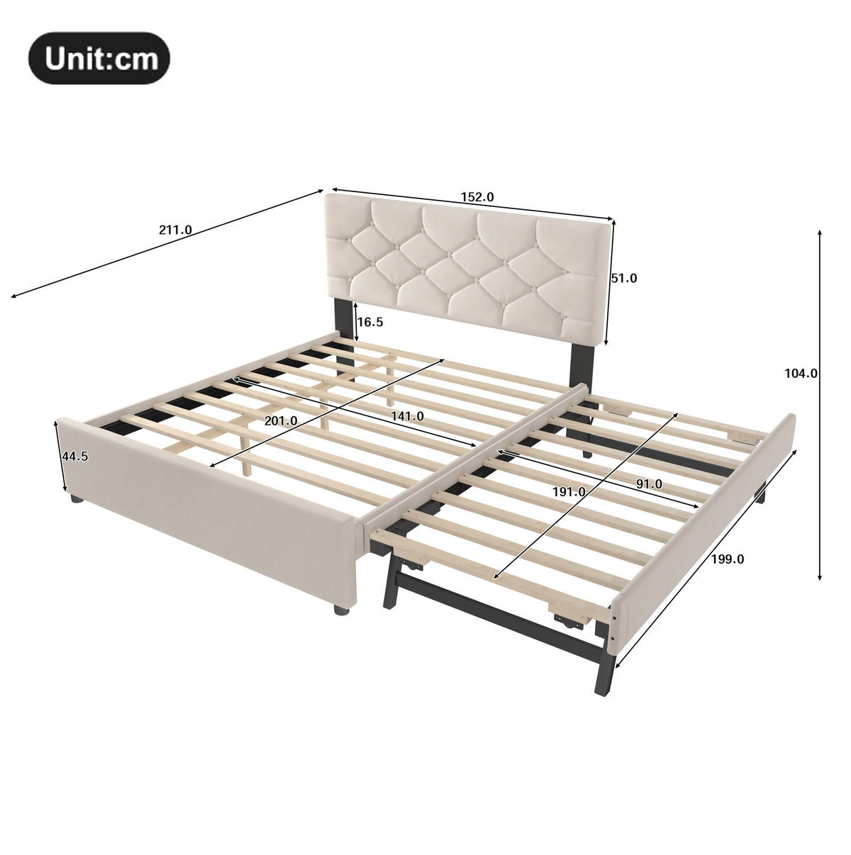 SAMT-POLSTERBETT 140/200 cm mit Rollbett und Lattenrost, Beige - Beige, Textil (140/200cm) - BEAOK