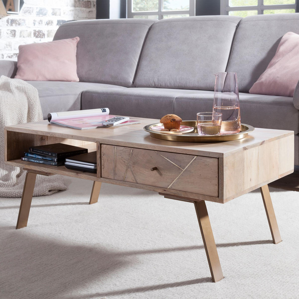 COUCHTISCH in Rustikalem Landhausstil, Massives Mangoholz und Metall, Maße 95x42x50 cm - Beige/Braun, Holz/Metall (50/95/42cm) - KADIMA DESIGN