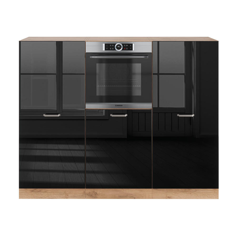 EINBAUKÜCHE R-Line Schwarz Hochglanz/Goldkraft Eiche 180 cm ohne AP - Schwarz Hochglanz/Eiche Wotan, Holzwerkstoff (180/81.6/46cm) - Vicco