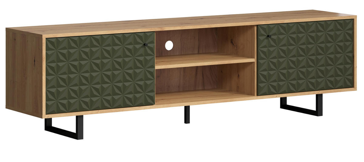 TV-LOWBOARD grün matt mit 3D Struktur, Eiche Artisan 184 cm, TV-Unterteil mit Soft-Close - Schwarz/Eiche Artisan, Holzwerkstoff/Kunststoff (184/52/40cm) - Top.Furn