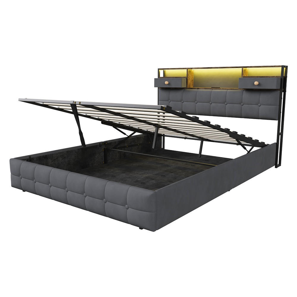 POLSTERBETT 140x200 cm - mit LED-Beleuchtung, 2 Nachttisch-Schubladen und hydraulischem Bettkasten - Grau - Grau, Textil (140/200cm) - DELFA