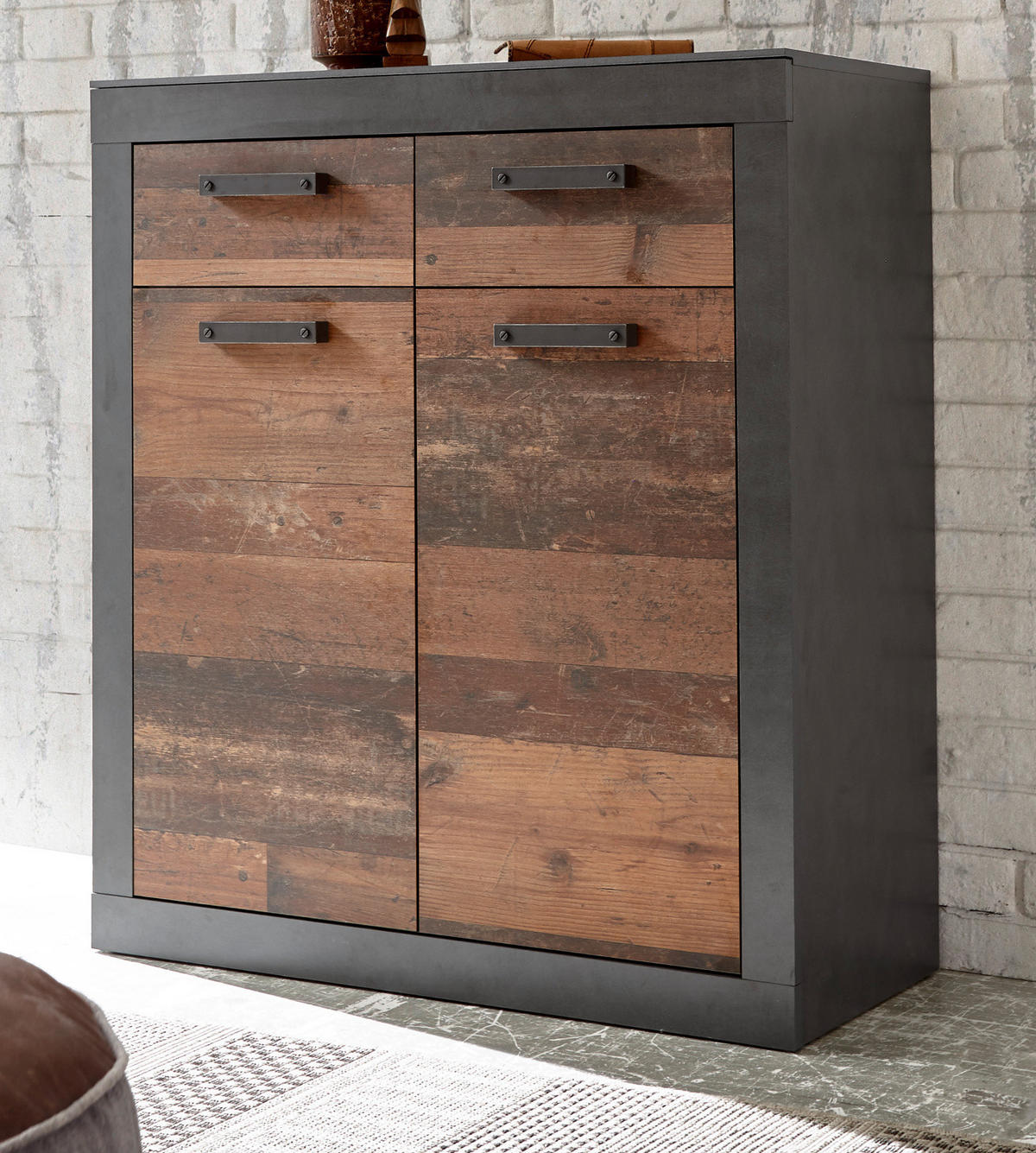 KOMMODE Used Wood, Matera grau 92 cm, Schuhschrank im Shabby-Design - Schwarz/Naturfarben, Holzwerkstoff/Metall (92/104/42cm) - Furn.Design