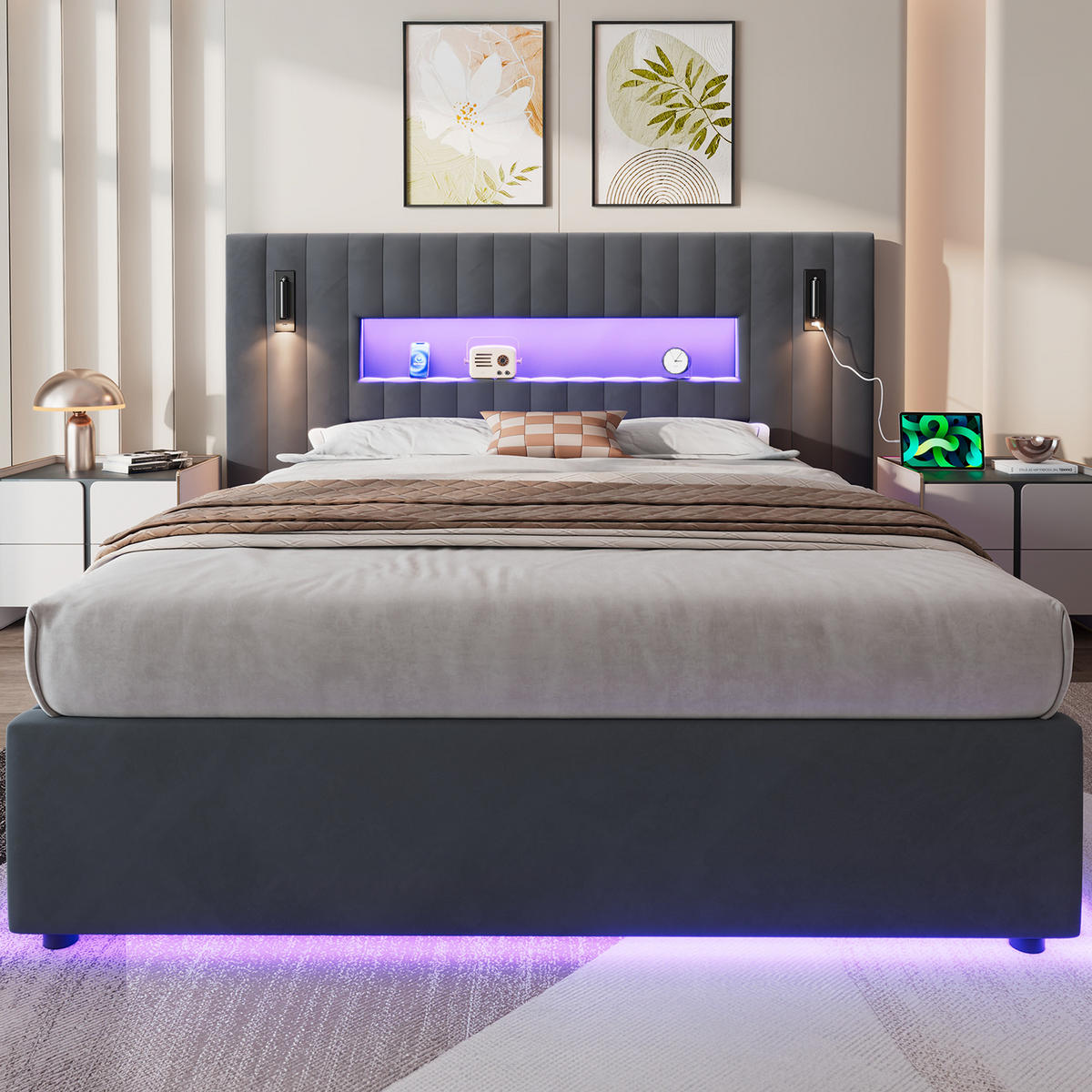 POLSTERBETT 140/200 cm Dunkelgrau mit LED & USB - Dunkelgrau, Textil (140/200cm) - Flora Grace