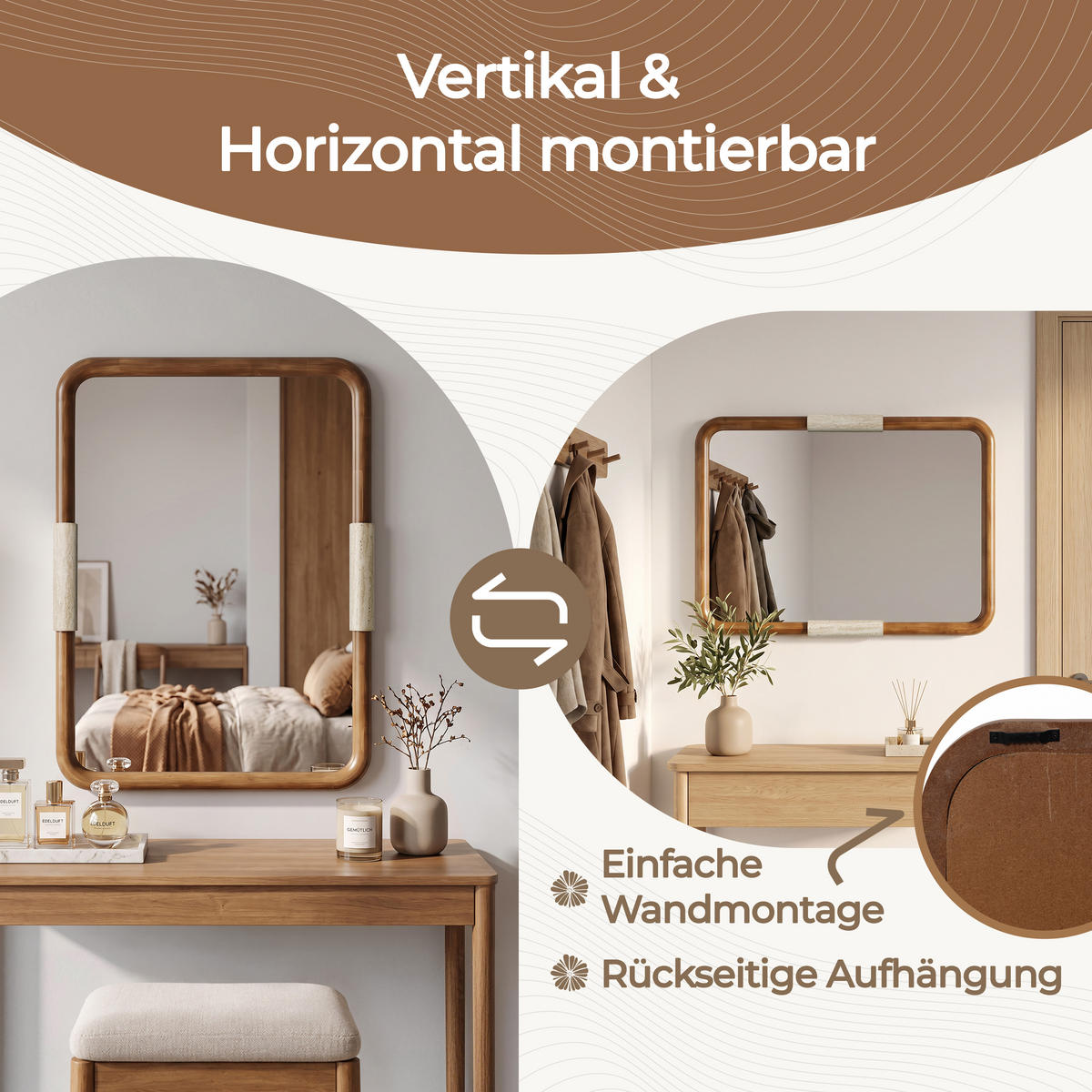 RECHTECKIGEM Holz Wandspiegel mit Rahmen B56×H76cm - Braun, Naturmaterialien/Holz (3/76.5/56cm) - Hometopia