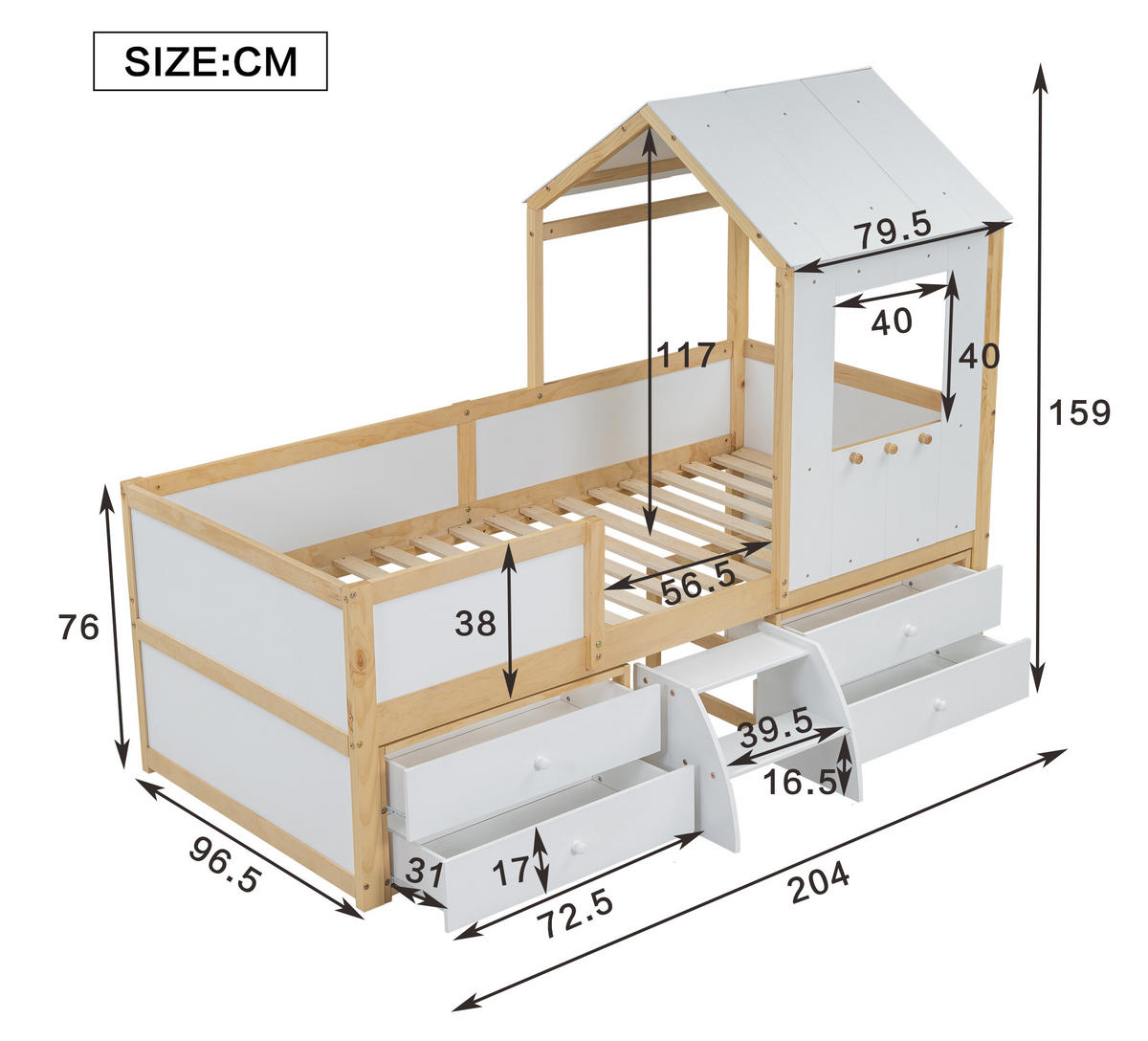 HAUSBETT 90/200 cm Weiß+Natur mit Dach und Fenster aus Kiefer und MDF - Weiß, Holzwerkstoff (90/200cm) - OKWISH