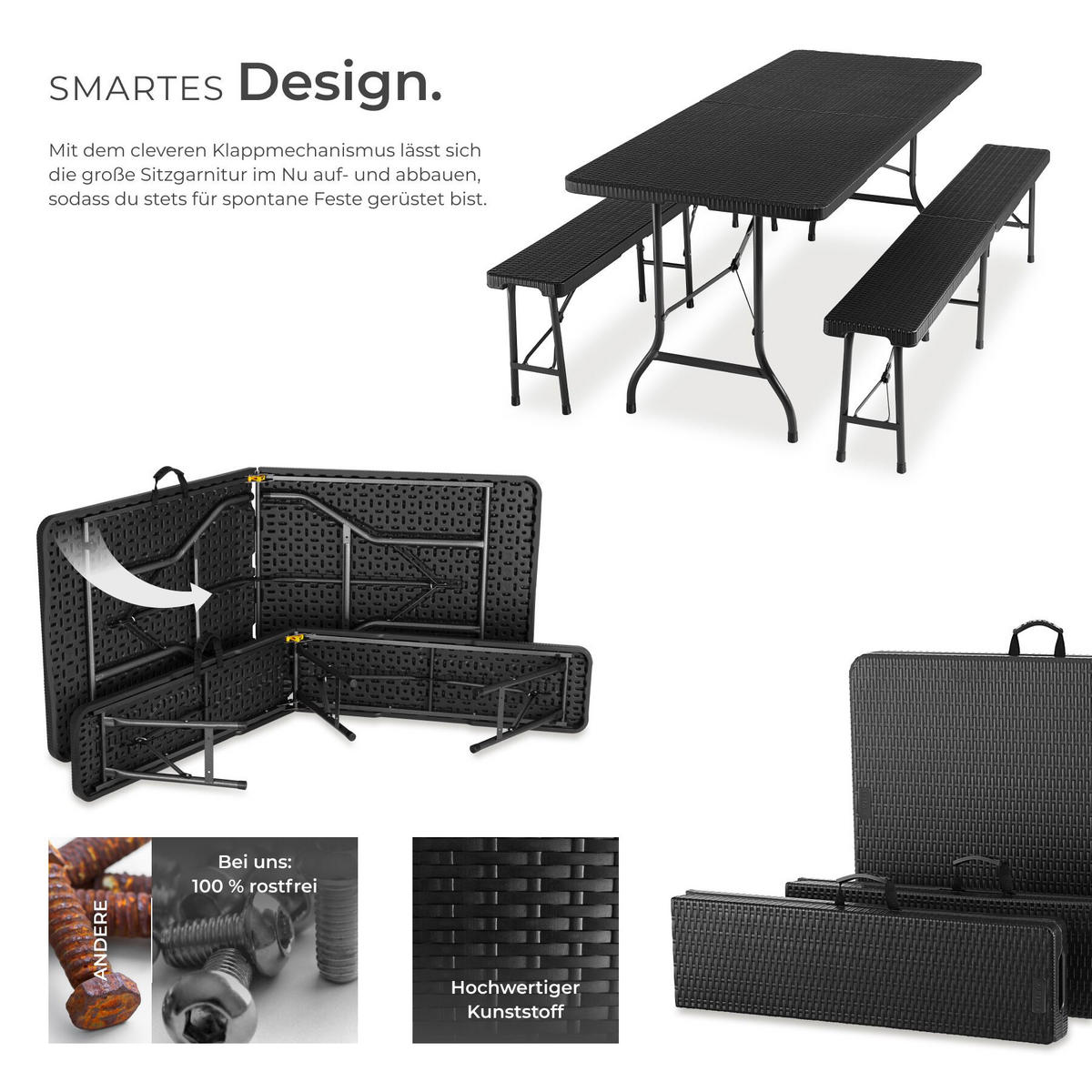 CAMPINGTISCHGARNITUR Vani,mit Tragegriffen,schwarz-Rattanoptik - Schwarz, Kunststoff (180/74/72cm) - tectake