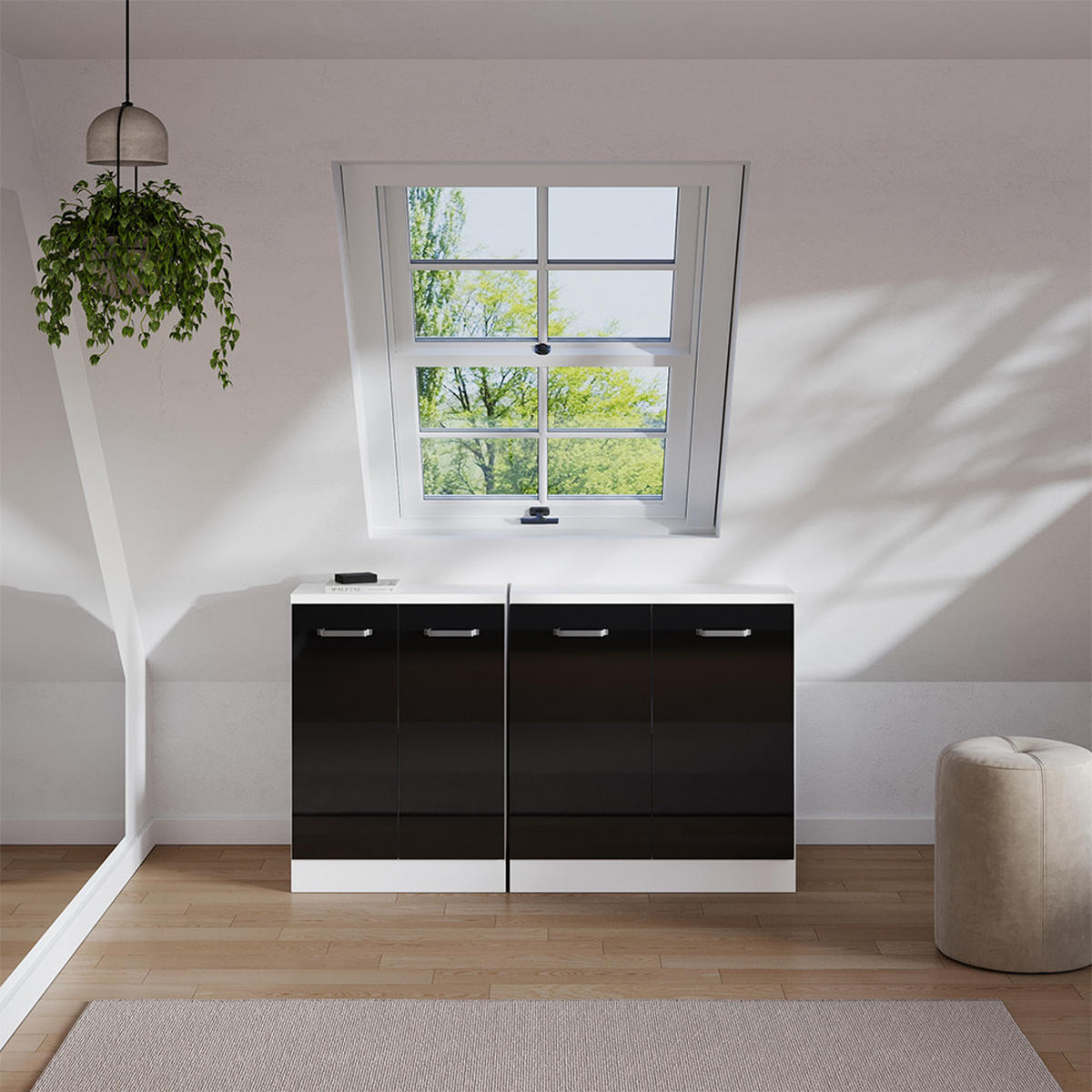 KOMPLET OMAR S POŠEVNO STREHO Rion Črna visok sijaj 140 cm Komplet 2 korpusov omare globina 60 cm - črna/bela, leseni material (140/83.8/60cm) - Vicco