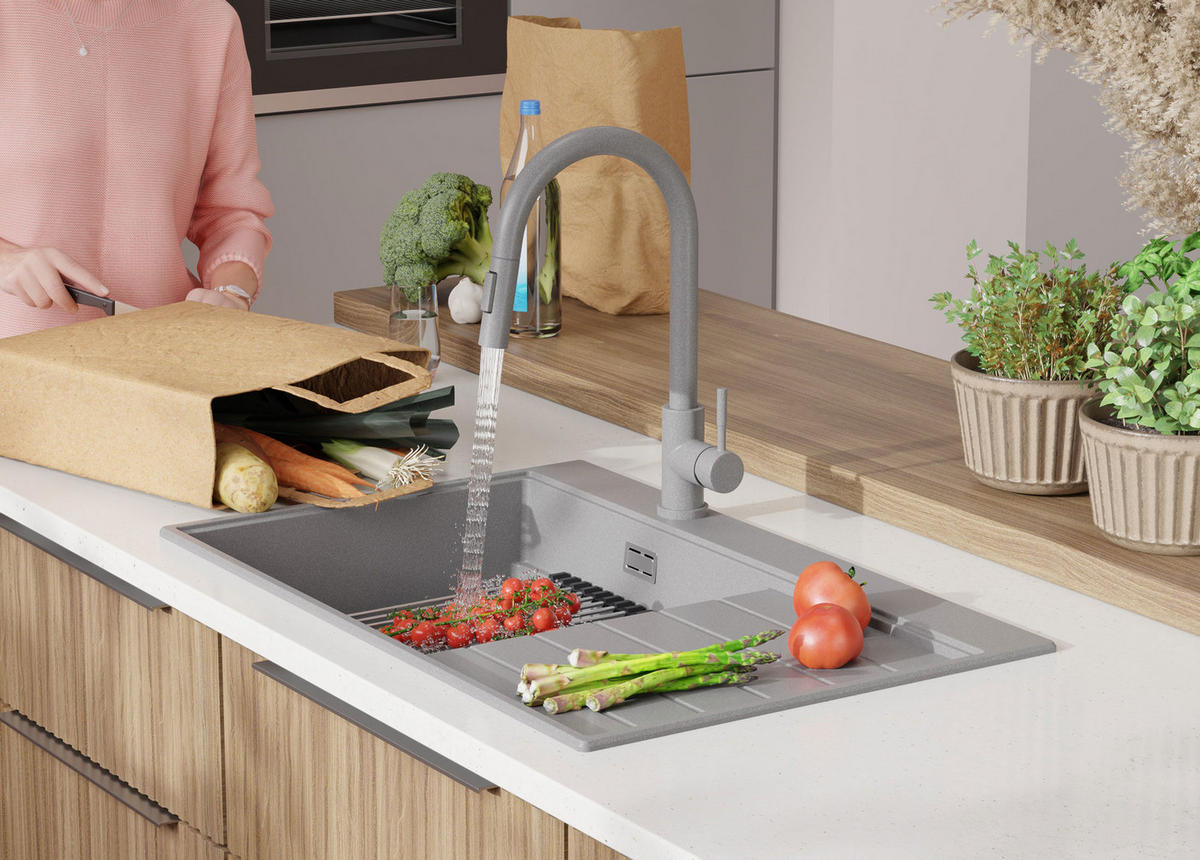 SPÜLBECKEN Sydney, 2-er set Grau 78/50 cm 1 Becken + Ablauf-Set + Küchenzubehörset ab 50er Unterschrank - Chromfarben/Beige, Kunststoff (78/20/50cm) - Primagran