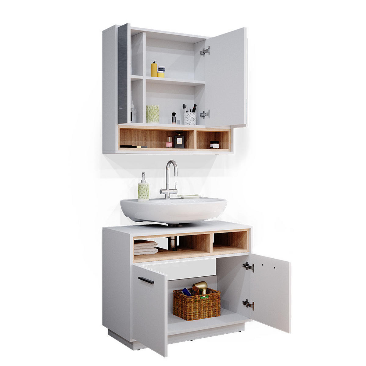 BADMÖBEL-SET Beatrice Weiß 2 Teile - Weiß/Sonoma Eiche, Holzwerkstoff (80/64/40cm) - Vicco