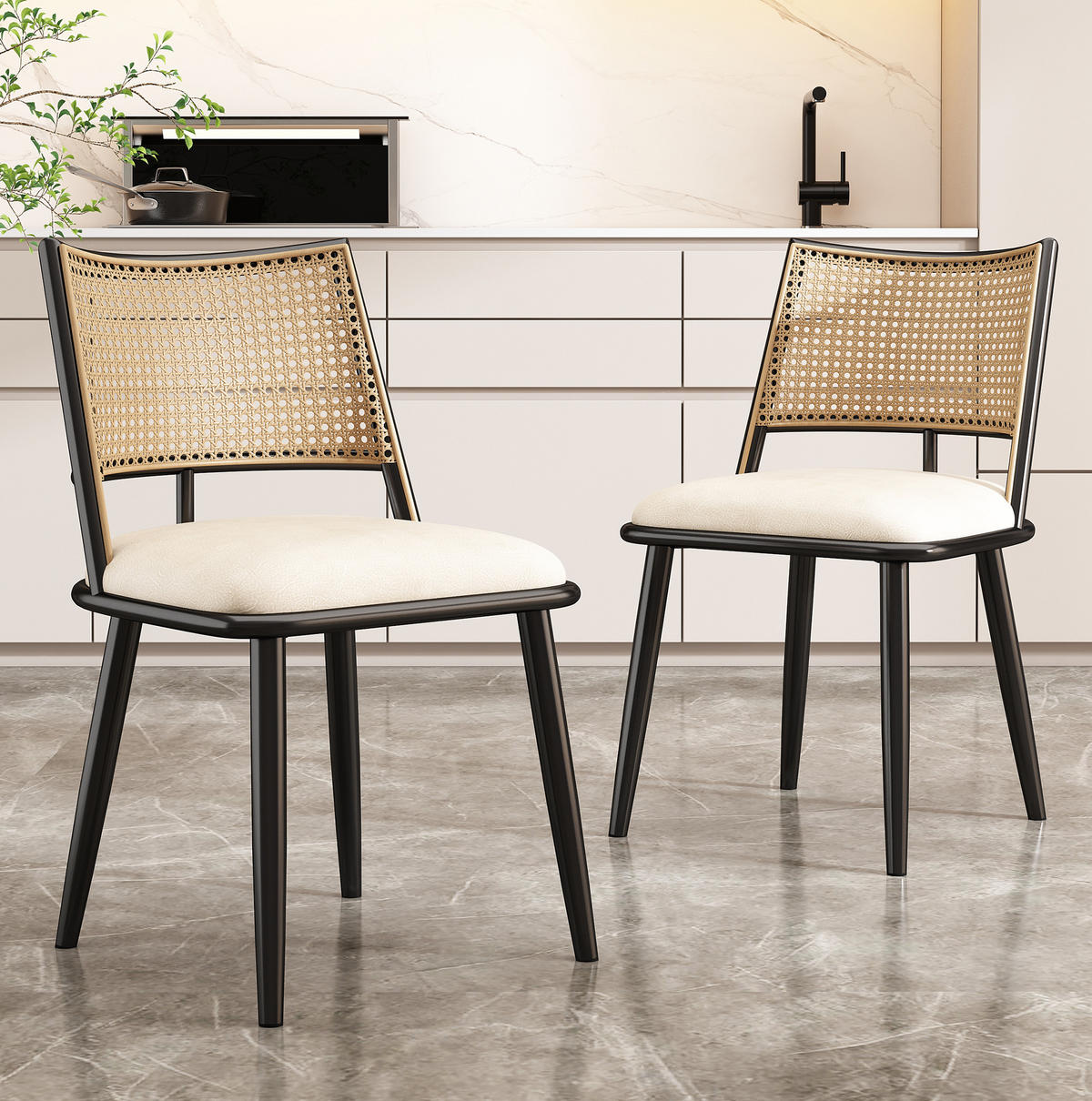 ESSZIMMERSTUHL 6er-Set mit PU-Sitz und Rattan-Rückenlehne Schwarz - Schwarz, Metall (46/80/48.1cm) - Meubliv