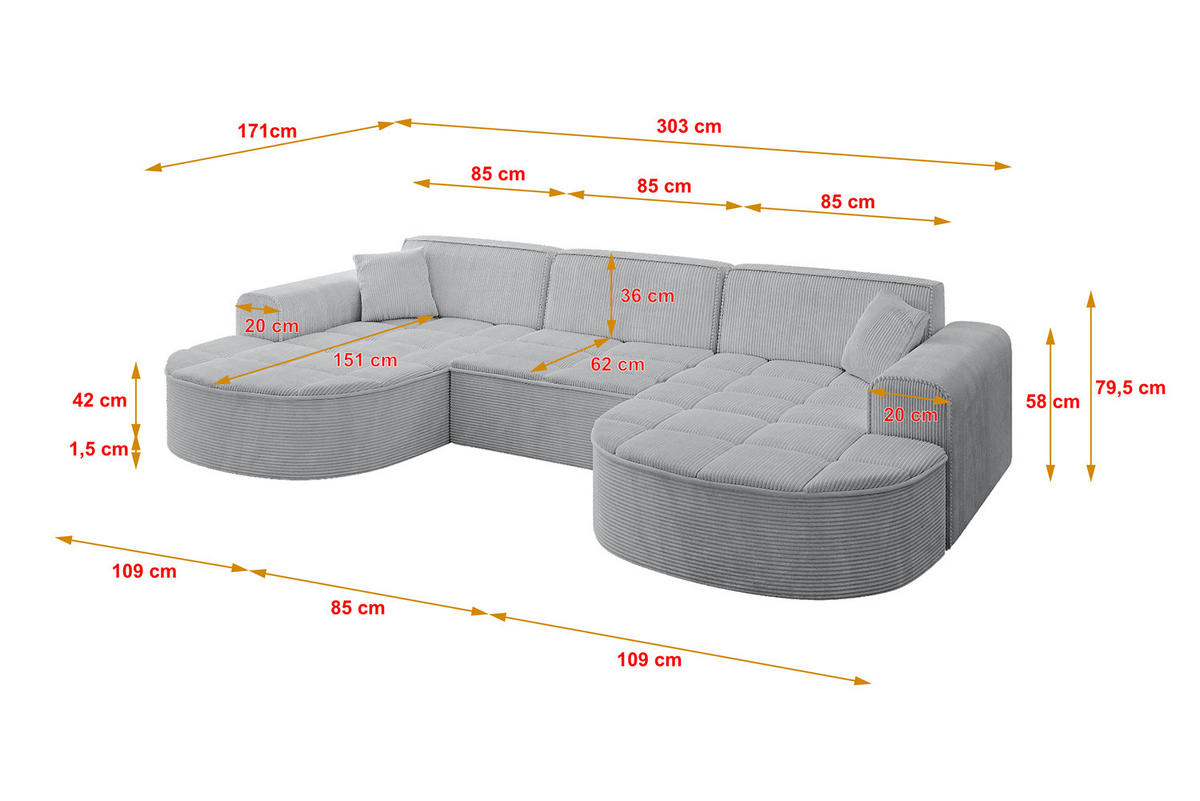 WOHNLANDSCHAFT TARO-U1 - 303x171x79,5 cm Grau - Grau, Holzwerkstoff/Textil (303/79.5/171cm) - ALTDECOR