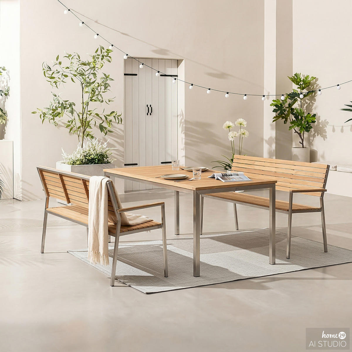 ESSGRUPPE mit BÄNKEN - 3-teilig - Teak massiv / Edelstahl - Silberfarben/Braun, Holz/Metall - home24