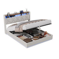 POLSTERBETT 160/200 cm, in Beige Leinenstoff, Doppelbett, Hydraulischer Stauraum, led Kopfteil, USB Ladestation - Beige, Metall (160/200cm) - BPKADHY