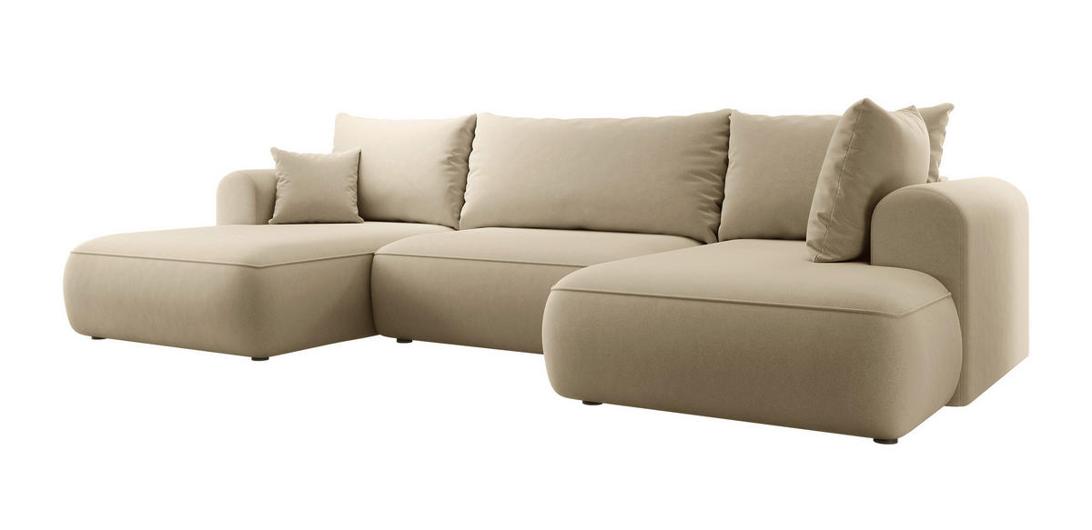 WOHNLANDSCHAFT Ovo Beige Velours - Beige/Schwarz, Textil (375/95/185cm) - Selsey