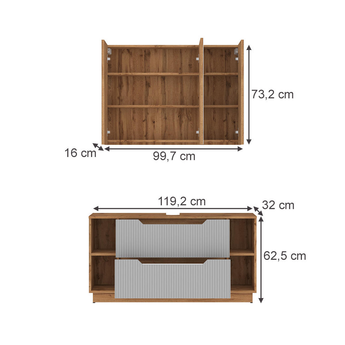 BADMÖBEL-SET Lotta Eiche/grau gestreift 2 Teile - Eichefarben/Grau, Holzwerkstoff (119.2/62.5/35cm) - Vicco
