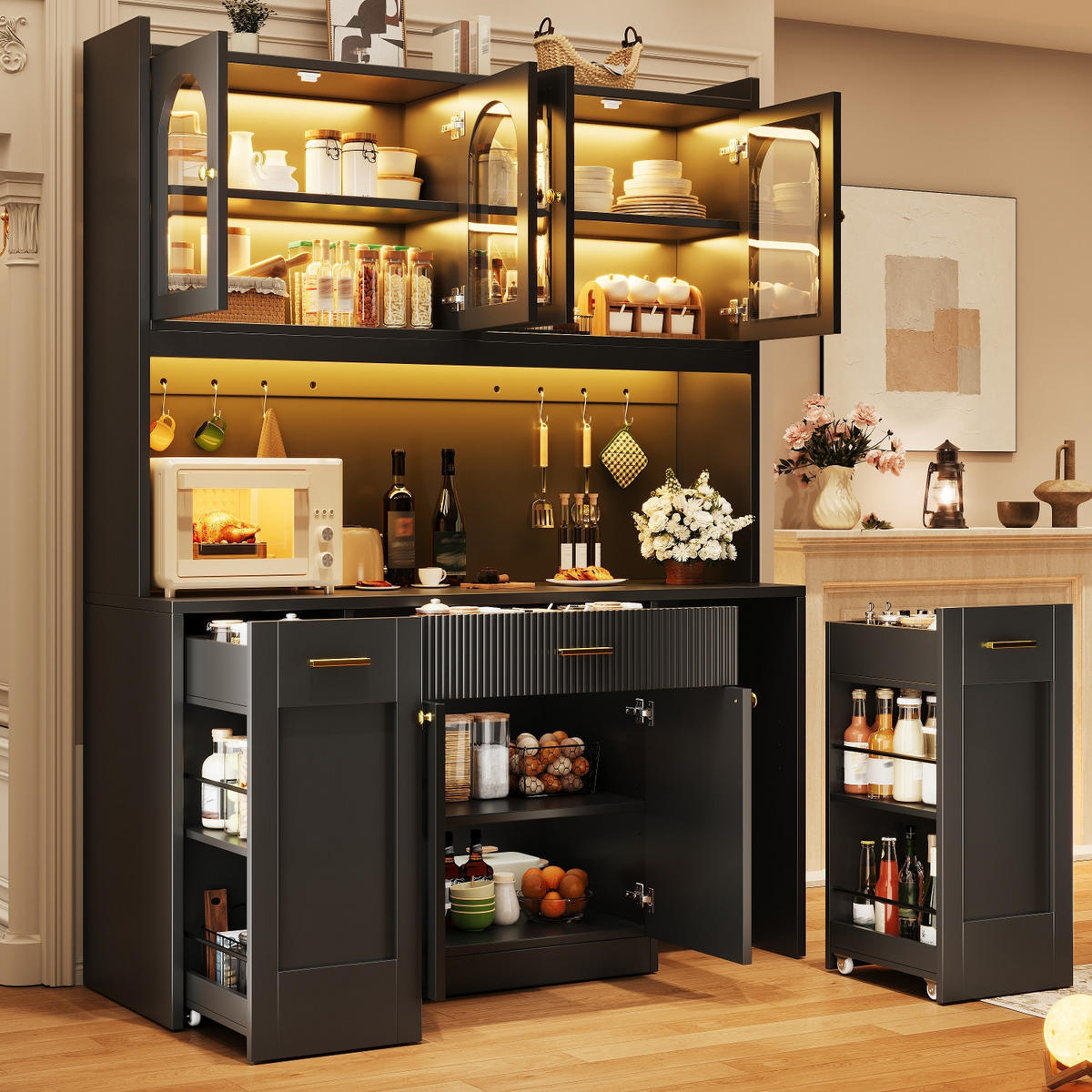 KÜCHENSCHRANK 120/187/40 cm, MDF, Schwarz, MIT RGB-LED BELEUCHTUNG, APP-STEUERUNG, für Küche und Esszimmer - Schwarz, Holzwerkstoff (40/187/120cm) - Rolipo