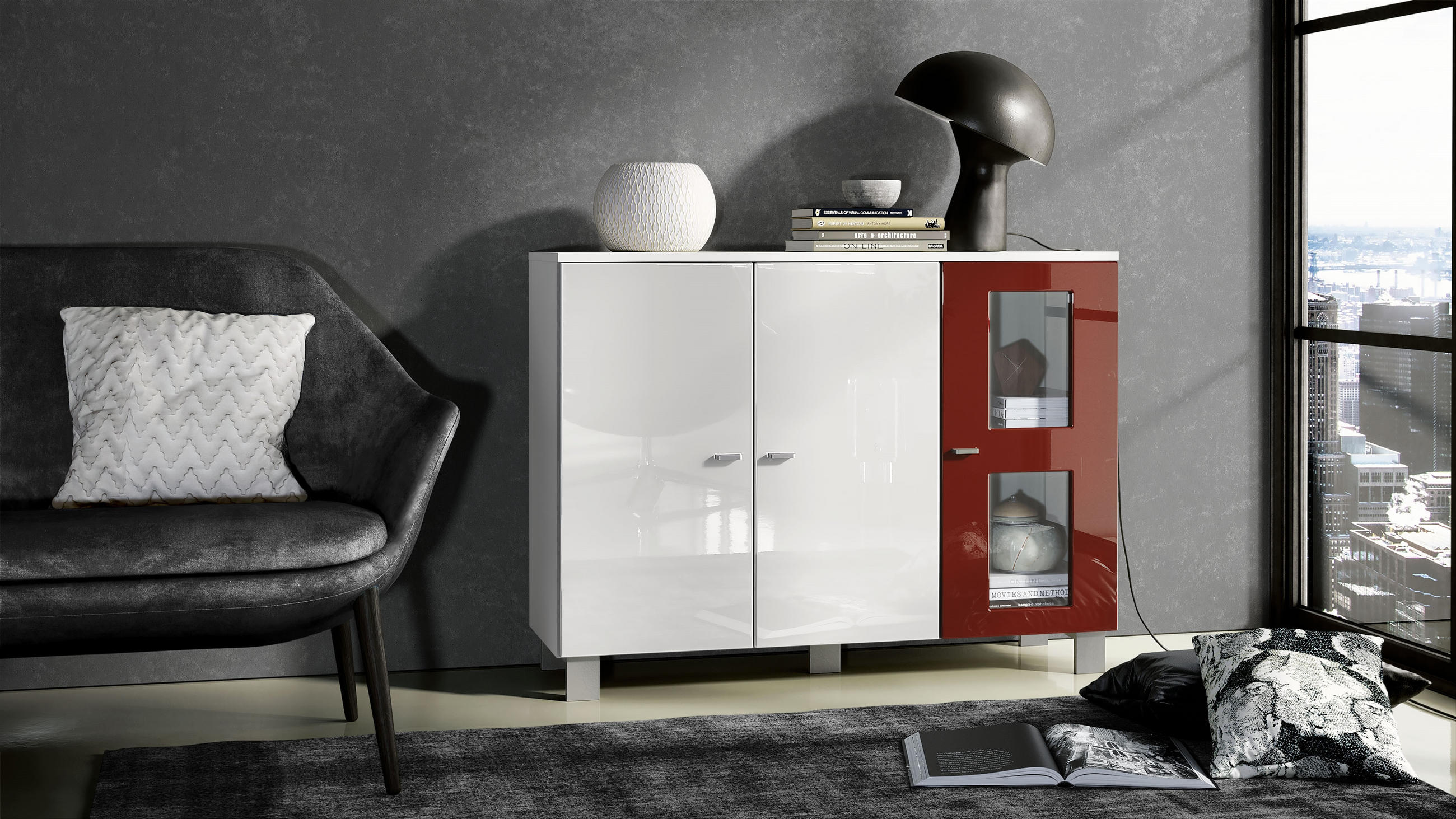 SIDEBOARD Denjo Tür in Bordeaux Hochglanz - Bordeaux, Holzwerkstoff (107/81/35cm) - Vladon