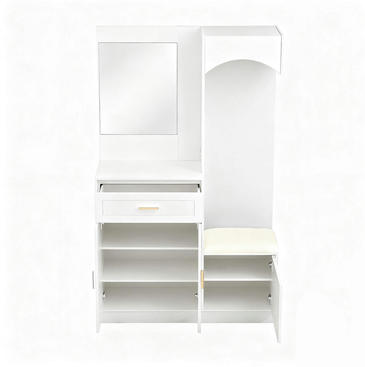 KOMPAKTGARDEROBE 110/33/185,5 cm aus Holzwerkstoff mit Spiegel und Schuhbank Weiß - Weiß, Holzwerkstoff (110/185.5/33cm) - Modenvie