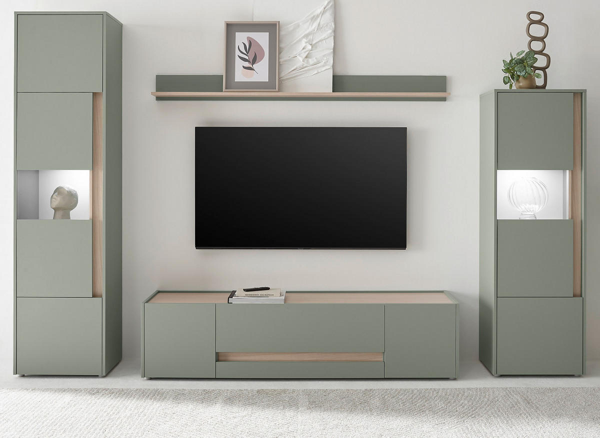 WOHNWAND Set 4-teilig 310 cm, Salbei grün, Eiche Barista, Komplettset mit viel Stauraum - Salbeigrün/Eichefarben, Glas/Holzwerkstoff (310/197/45cm) - Furn.Design