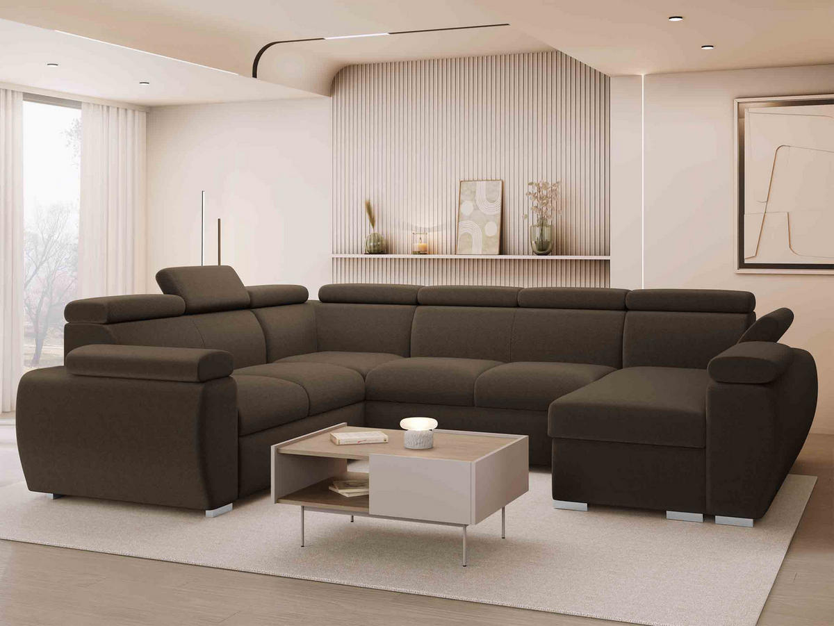 WOHNLANDSCHAFT Boston U, Seite: Rechts - 2R+R+2P+LC - Chromfarben/Braun, Holz/Textil (325/98/260cm) - MIRJAN24