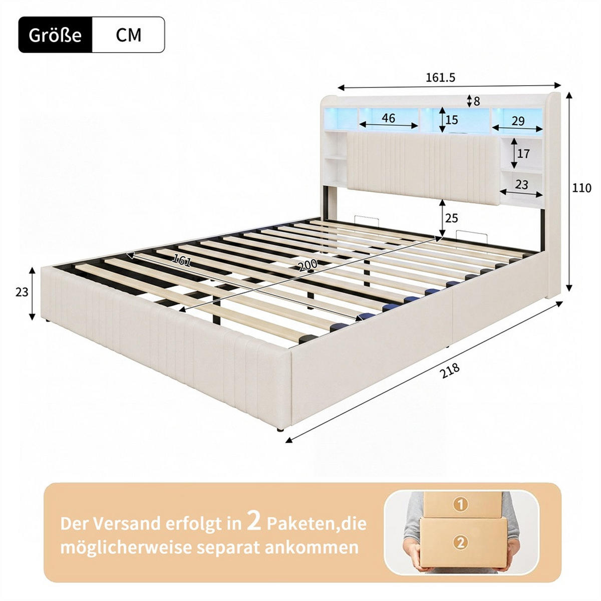 POLSTERBETT 160x200 cm mit LED-Beleuchtung - Kopfteil-Stauraum, Ladestation und hydraulischem Stauraum - Beige - Beige, Textil (160/200cm) - DELFA