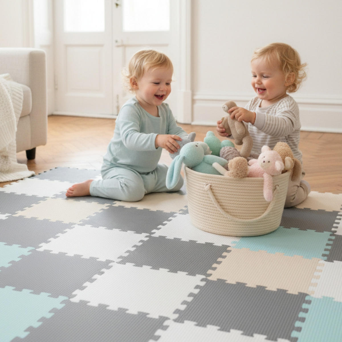 SPIELMATTE ab Null - 360/120/1 cm Puzzlematte Grau/Beige/Weiß/Mint - Multicolor, Kunststoff (30/30cm) - Littletom