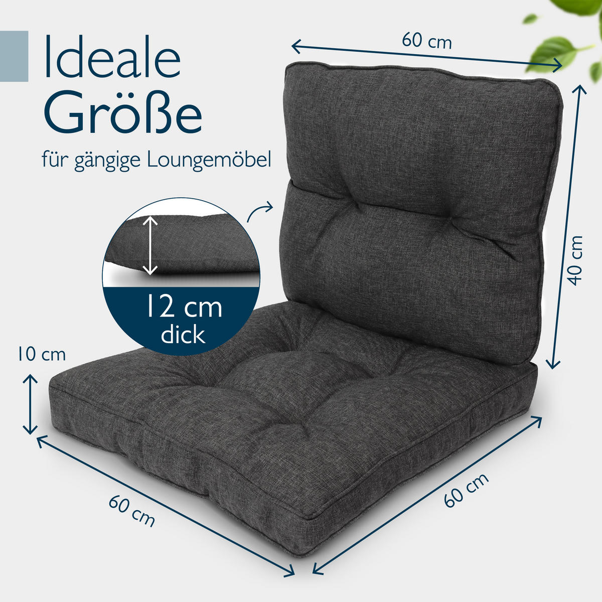 LOUNGEKISSEN Beauflair Outdoor Sitz 60x60x10cm mit Rücken 60x40x12cm Graphitgrau (2tlg) - Graphitfarben, Textil (60/60cm) - Beautissu 