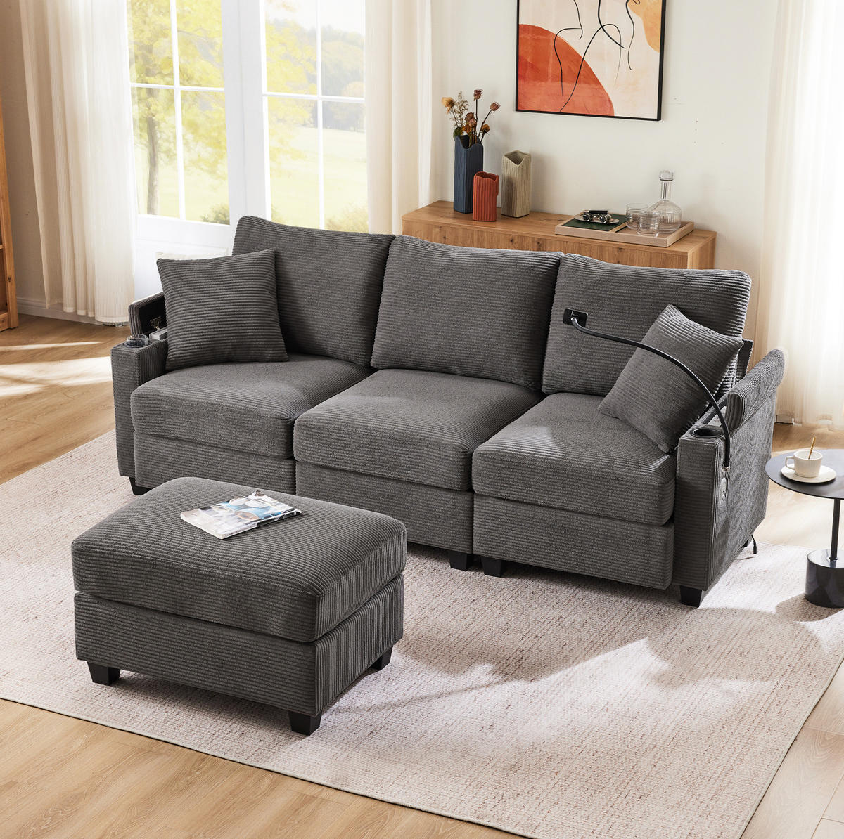 SOFA in L-Form mit Hocker USB-Ablage 213,5 x 139 cm Cord Dunkelgrau - Dunkelgrau, Textil (213.5/139cm) - IVMEU