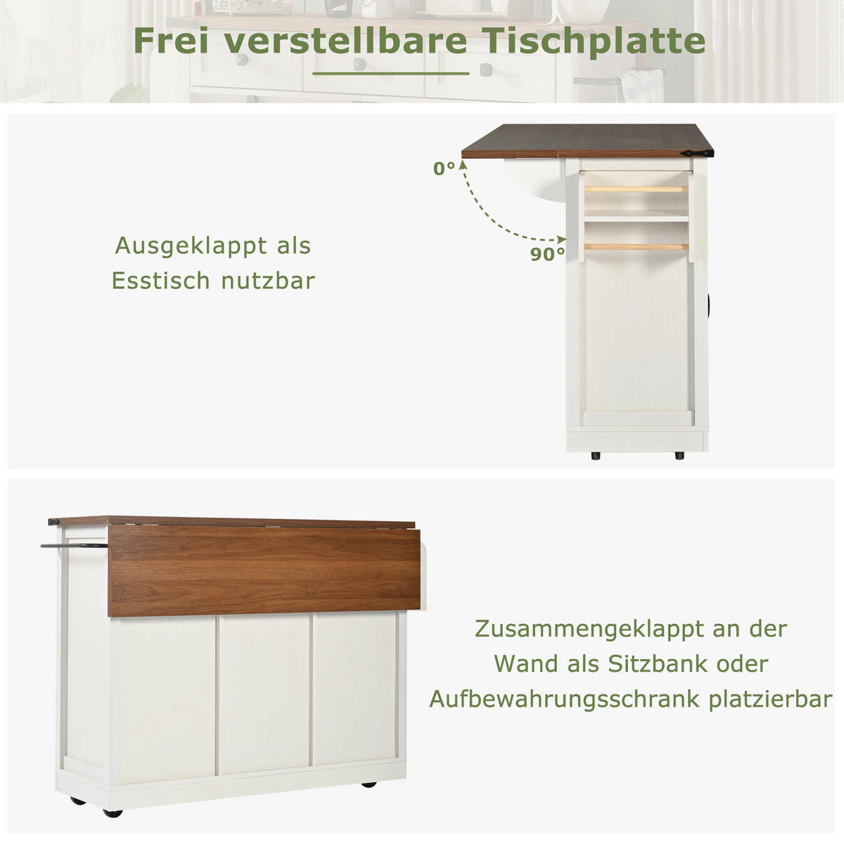 SERVIERWAGEN DE-41075 140/45-73/94 cm mit ausziehbarer Arbeitsplatte Weiß - Beige, Holzwerkstoff (140/94/45cm) - ComfortXL