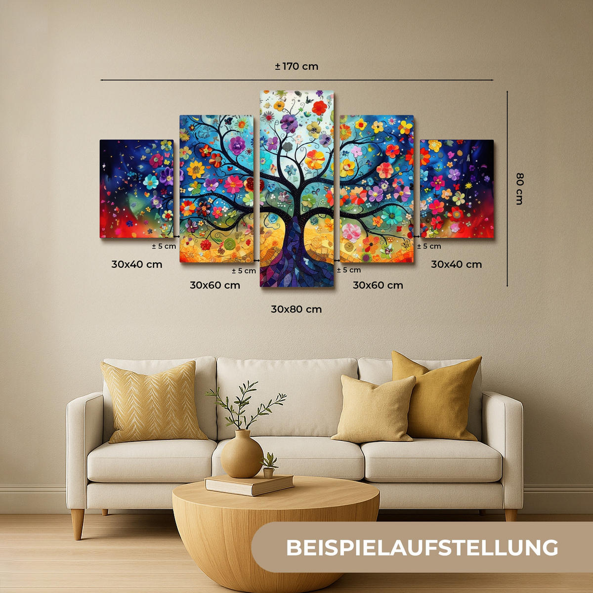 LEINWANDBILD 5er Set Bunt - Baum des Lebens - Blumen - Abstrakt 150x80 cm - Blau, Textil (150/80cm) - MuchoWow