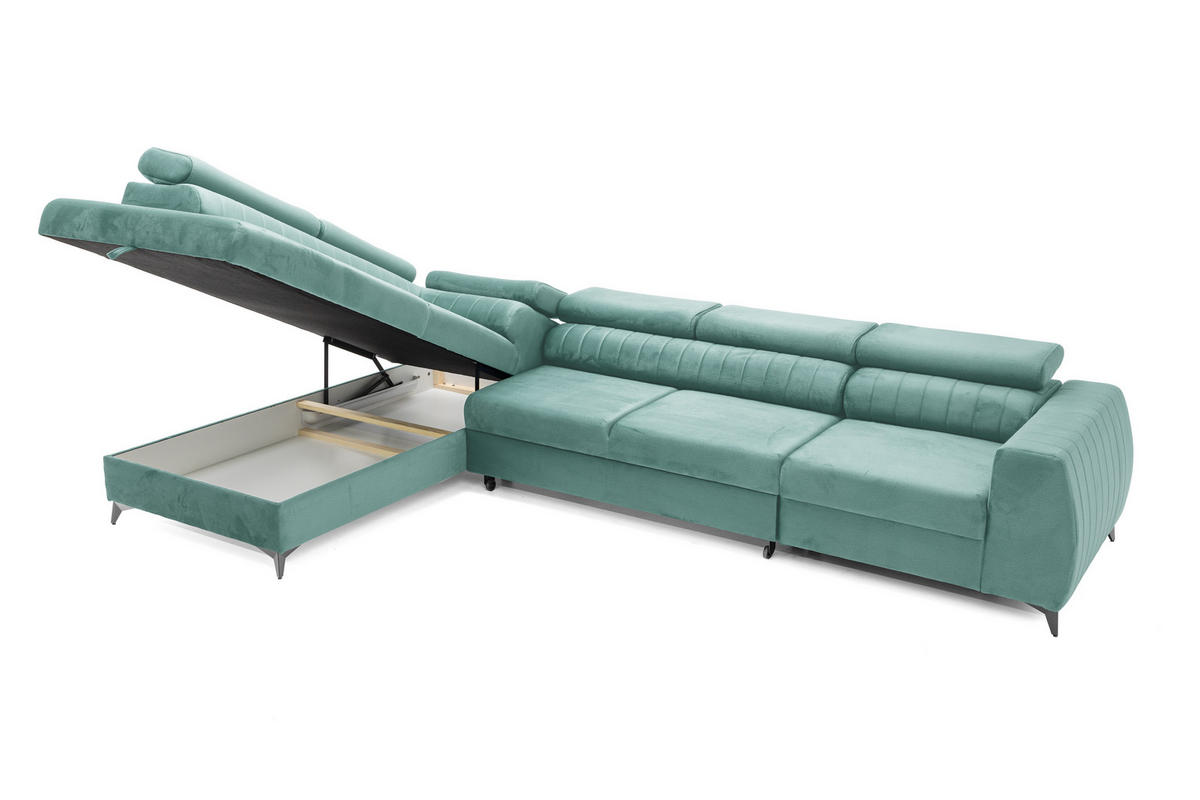 ECKSOFA PIERO MAXI Links mit Schlaffunktion 195x125 Velours Türkis - Türkis/Schwarz, Holz/Textil (350/203cm) - Muffo