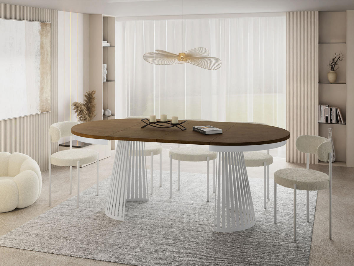 ESSTISCH Naro rund ausziehbar mit Weißem Lamellen-Metallgestell, Braun 100-180/100/76 cm - Alteiche/Weiß, Holzwerkstoff/Metall (100/100/76cm) - WFL GROUP