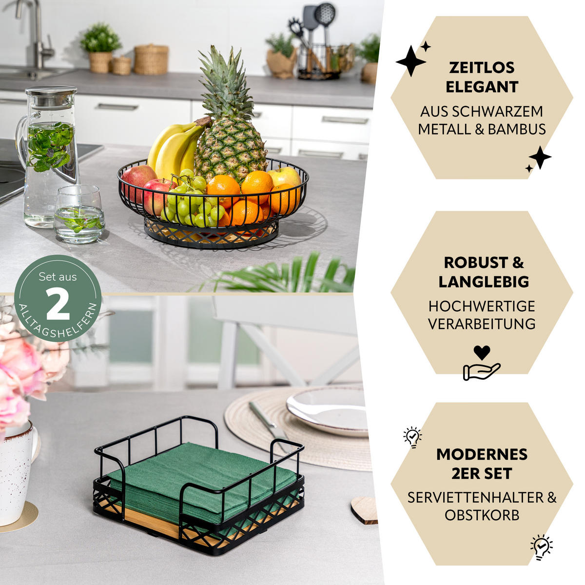 OBSTKORB mit Serviettenhalter, Bambus, Metall, schwarz - Schwarz, Metall (34/10.5cm) - bremermann