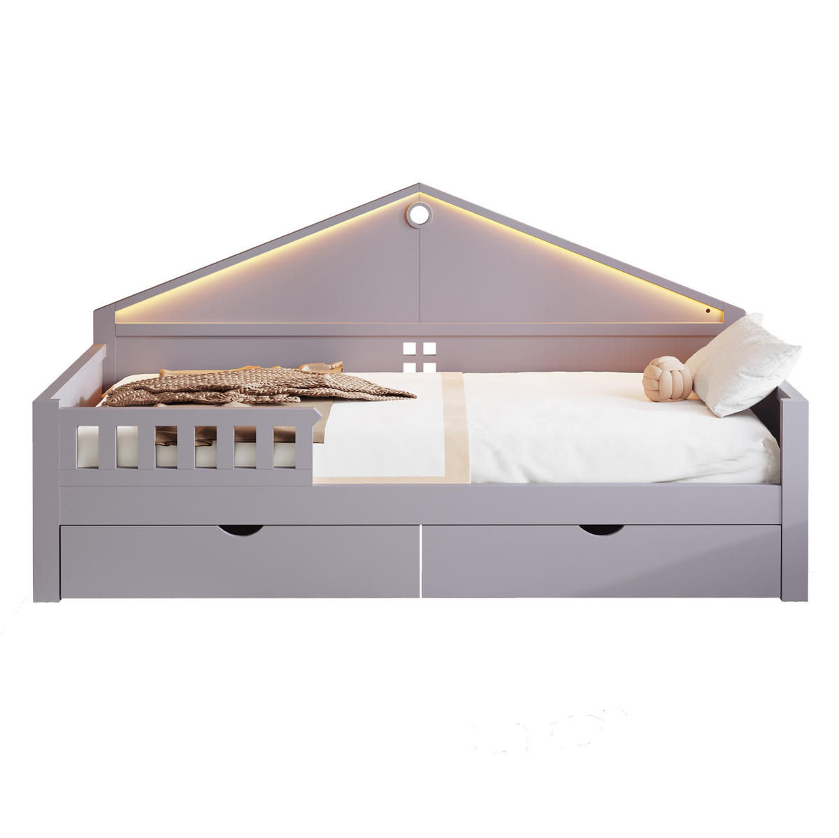 KINDERBETT 90/200 cm mit LED-Lichtleiste, 2 Schubladen und Lattenrost aus Holzwerkstoff und MDF, Grau - Grau, Holzwerkstoff (90/200cm) - Redom