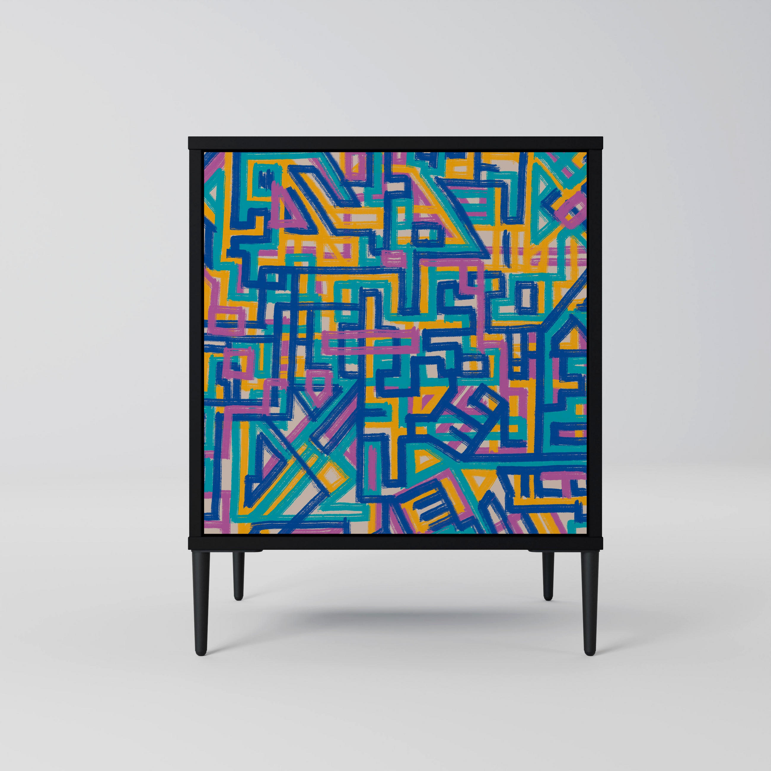 SIDEBOARD MEMORIES MAP, Schwarz, 57,5x42x72,5 cm, Schwarze Metallfüße - Multicolor/Schwarz, Holzwerkstoff/Metall (57.5/72.5/42cm) - SpaceRebels