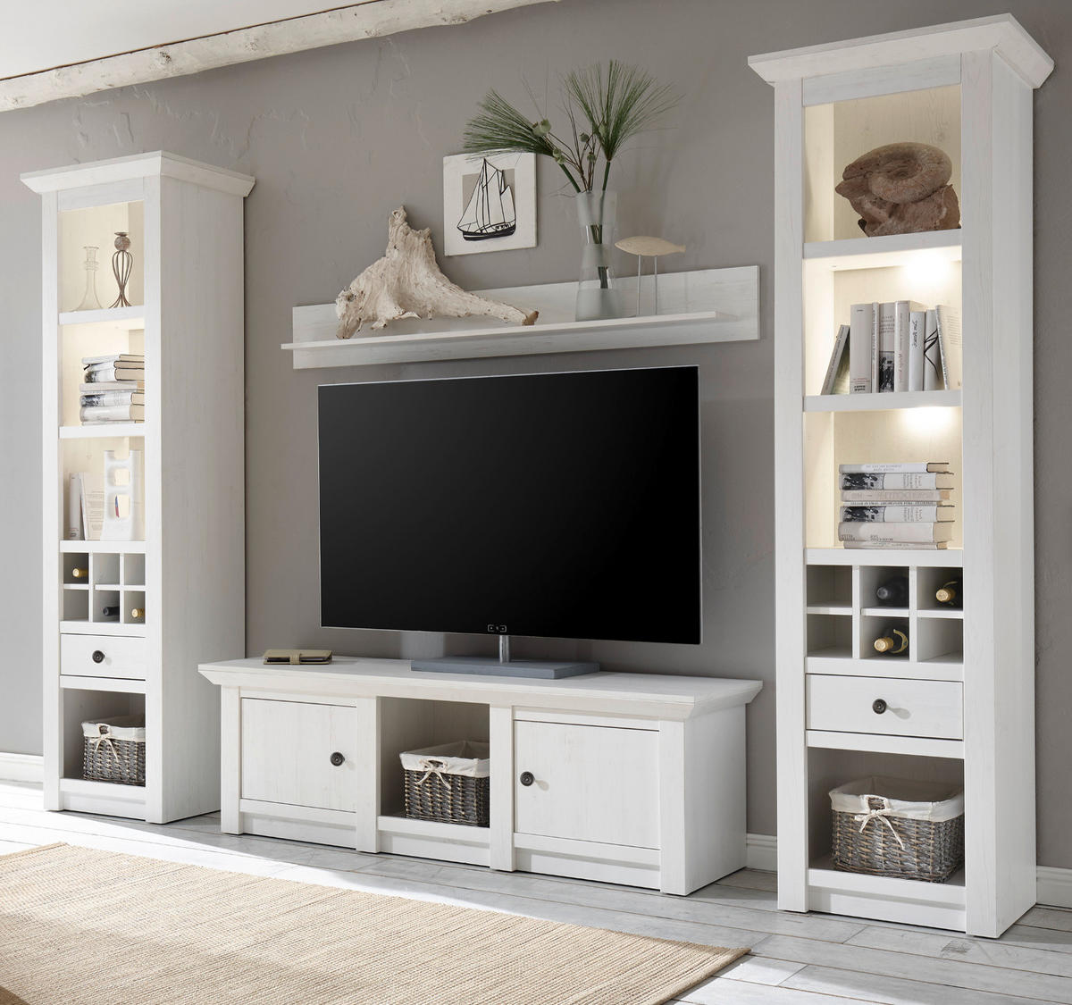 WOHNWAND Pinie weiß 4-teilig 288 cm, Schrankwand im Landhaus-Stil - Schwarz/Weiß, Glas/Holzwerkstoff (288/207/45cm) - Furn.Design