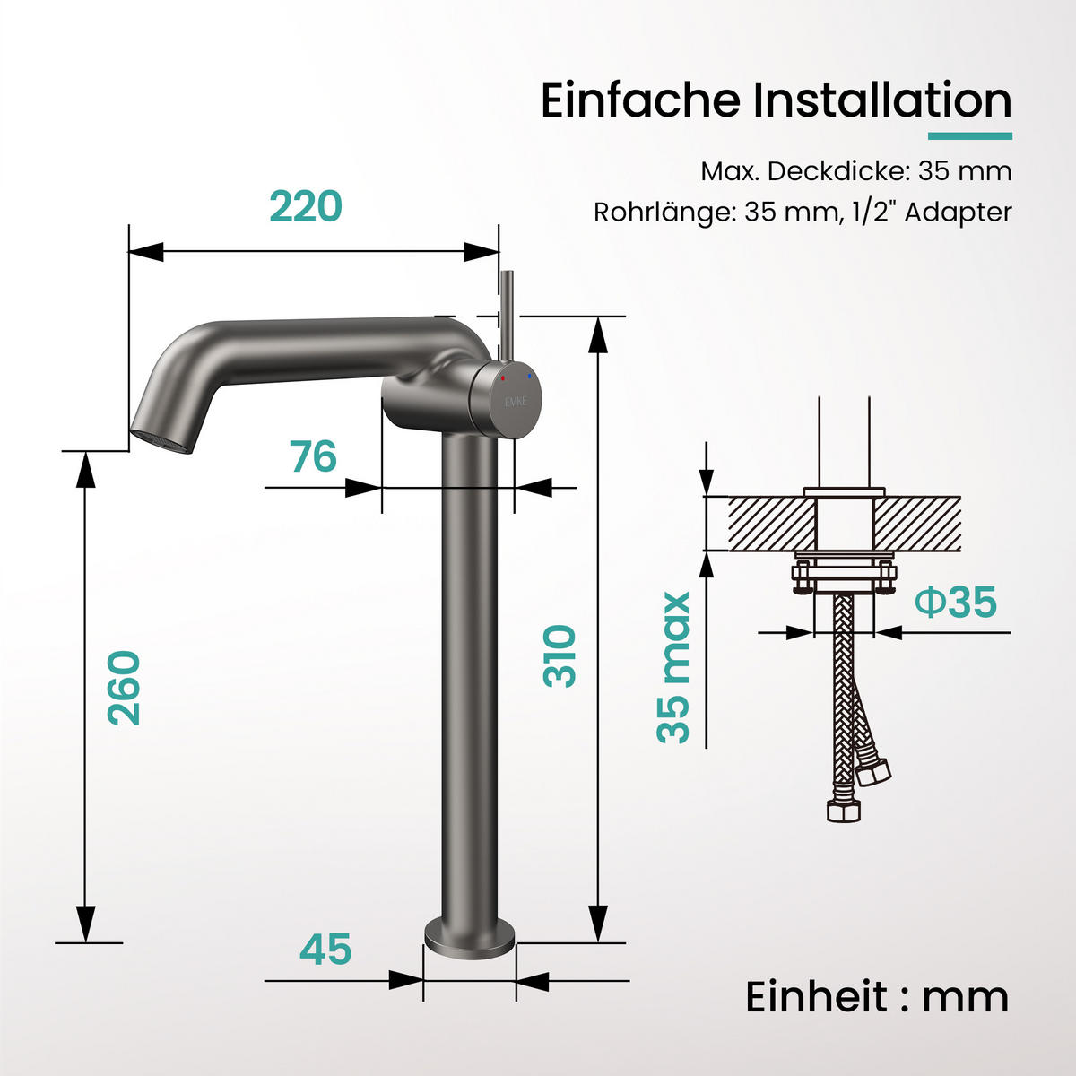 WASCHTISCHARMATUR Wasserzulaufrohr aus Edelstahl Anthrazit Matt 26cm - Anthrazit, Metall (22/7.6/33.2cm) - EMKE