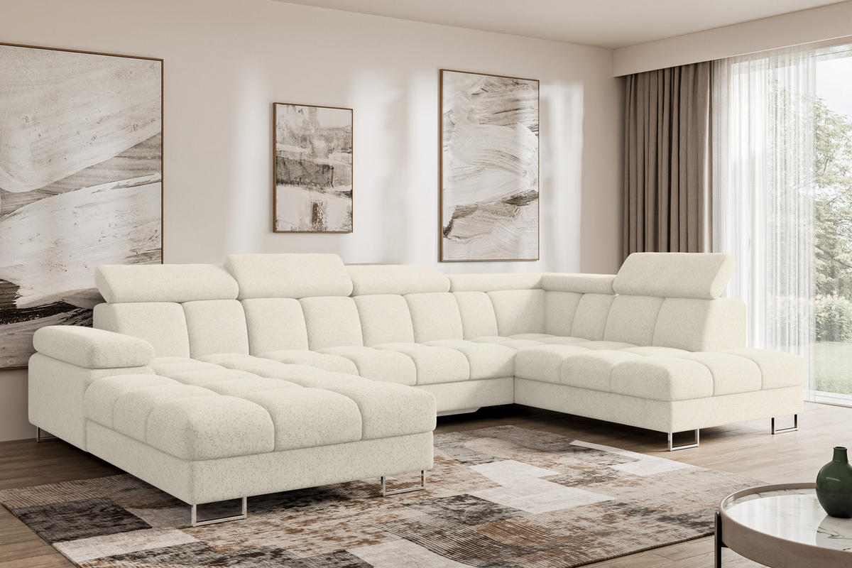 WOHNLANDSCHAFT mit Schlaffunktion und Bettkasten Ottomane RECHTS COMA U 345x203x79 Creme Velours - Creme, Holzwerkstoff/Textil (203/79/345cm) - ALTDECOR