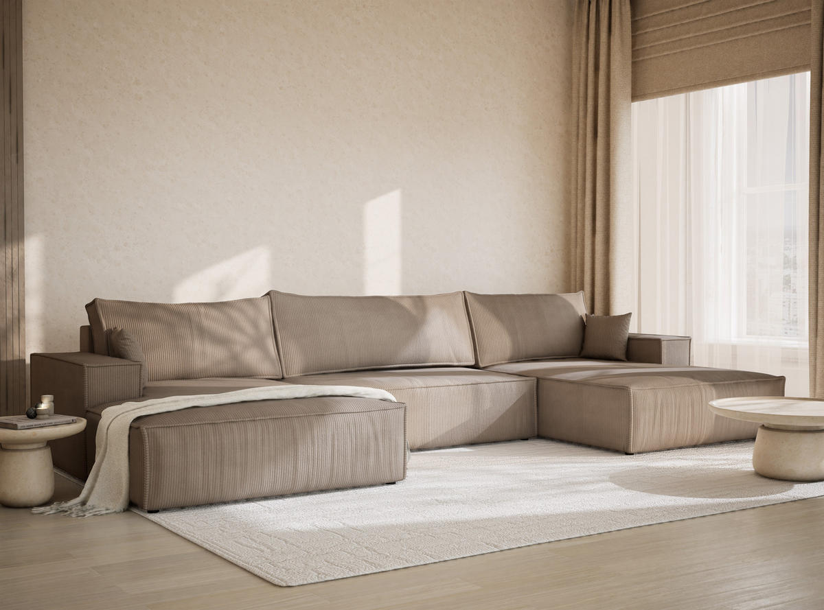 WOHNLANDSCHAFT Kyoto Beige Samtstoff - Beige/Schwarz, Holz/Holzwerkstoff (398/70/148cm) - Maison de Reve