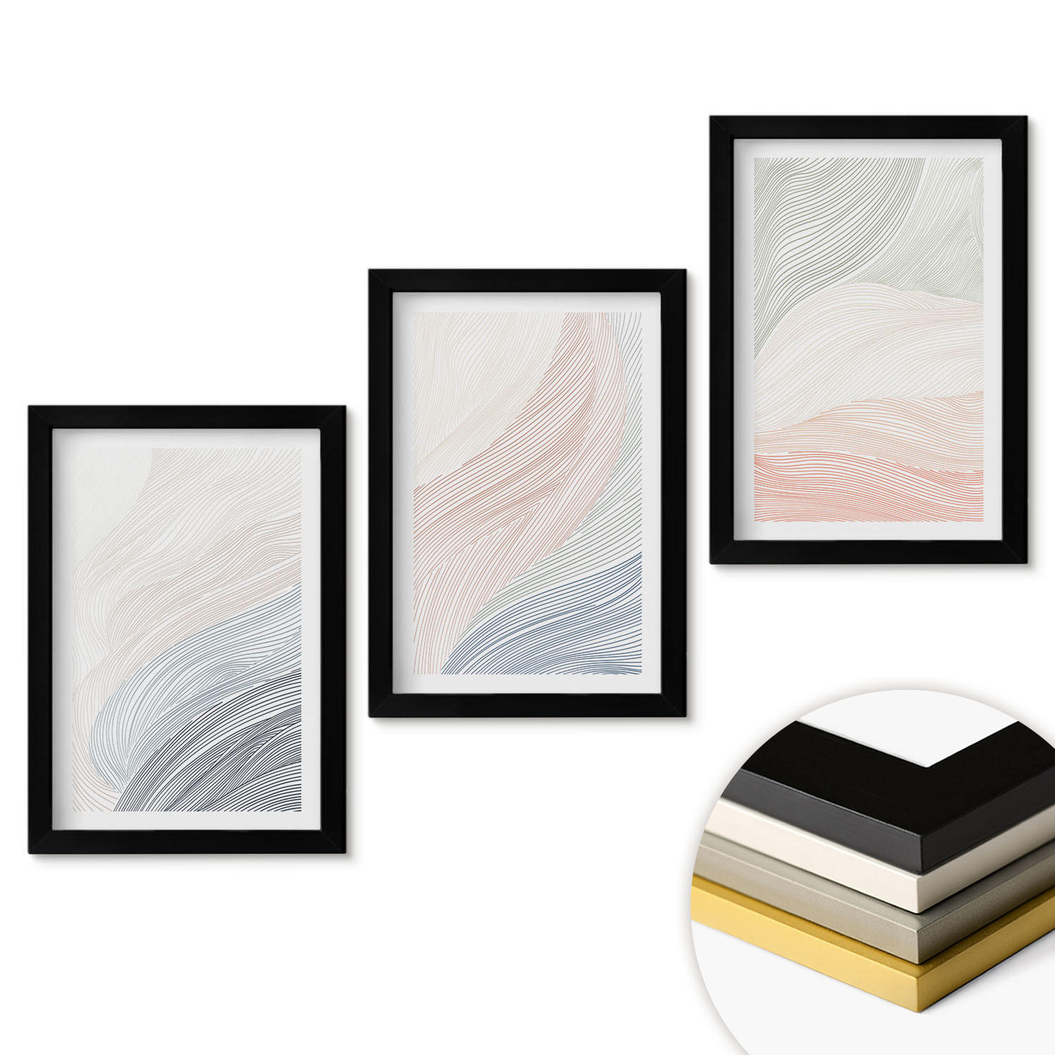 WANDBILDER 3er-Set - 20x30 cm Schwarzer Rahmen - Abstrakte Wellen, Karton, Pastell - Schwarz, Kunststoff (20/30cm) - ArtPrintCave