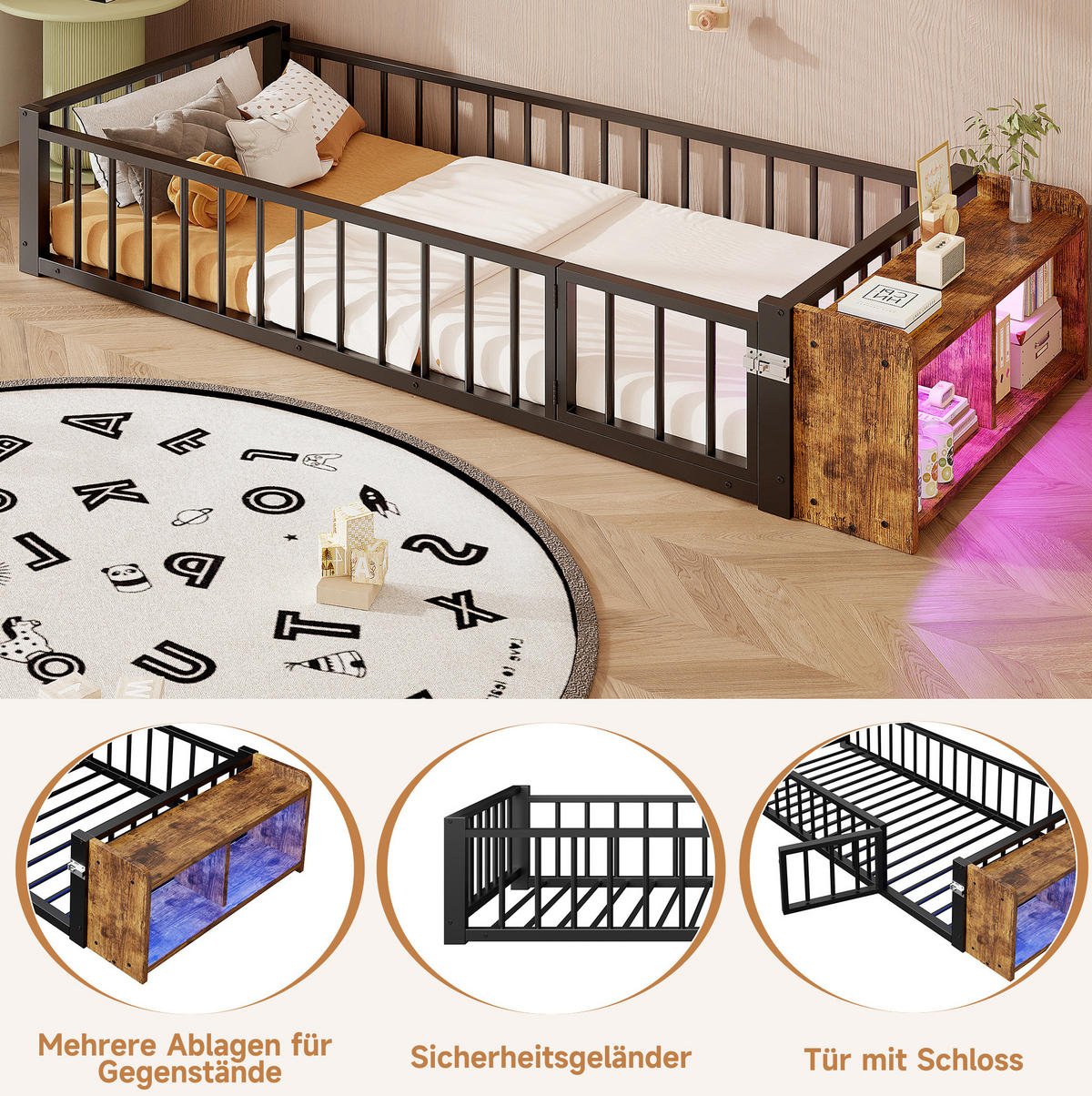 KINDERBETT 90/200 cm aus Metall mit Schutzgeländer, Stauraum und LED - Schwarz, Holzwerkstoff (90/200cm) - BEAOK