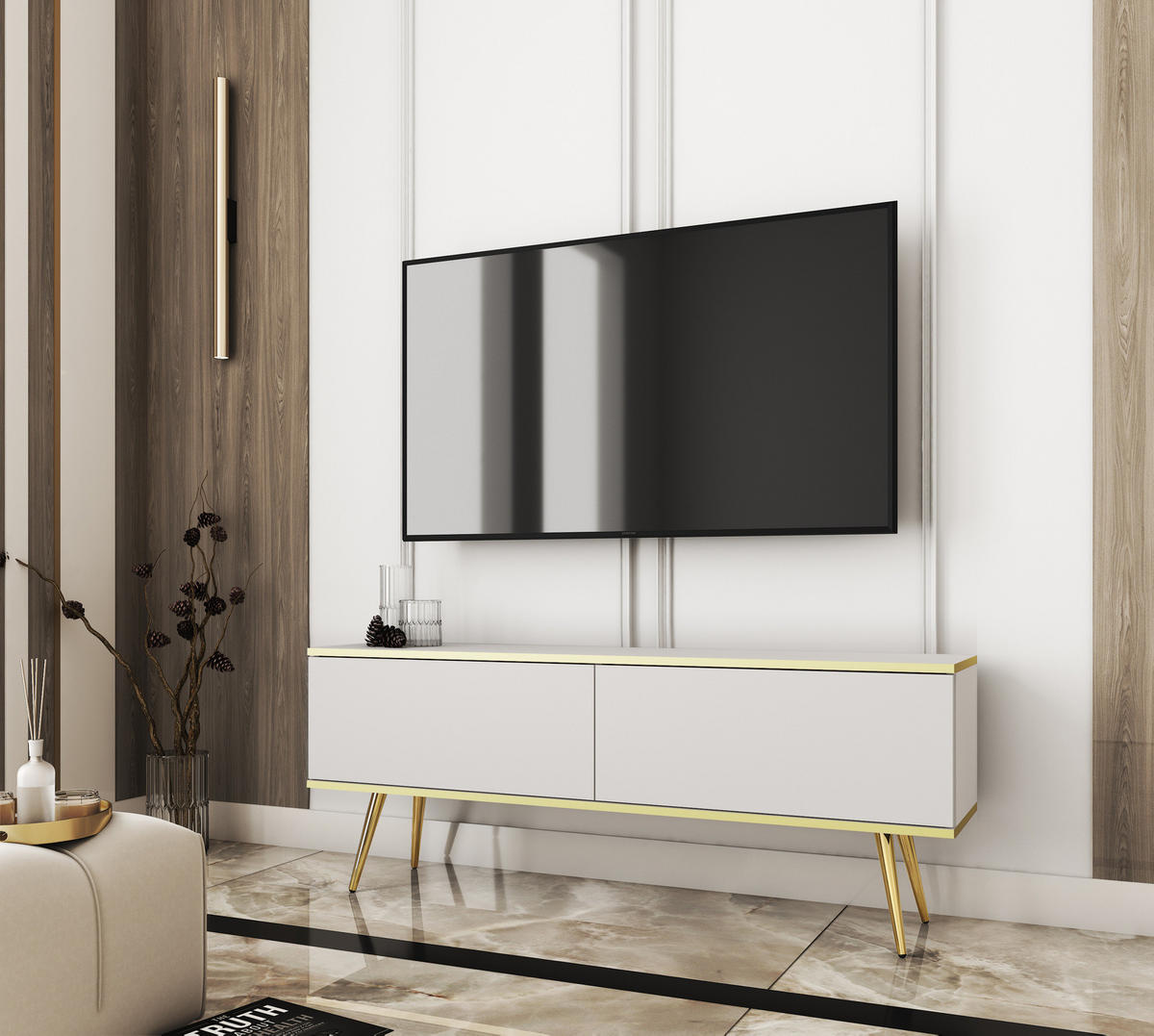 TV-LOWBOARD FORNO (Weiß, Goldene Details, 2 Türen, goldene Metallfüße, 135 cm) - Gelb/Goldfarben, Holz/Holzwerkstoff (135/53/32cm) - Ravio