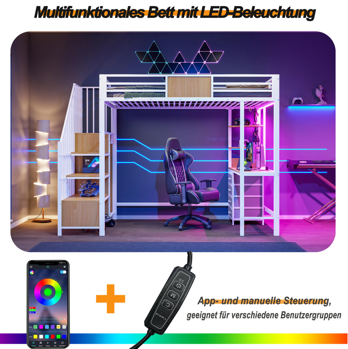 HOCHBETT 90/200 cm mit Schreibtisch, Ablagefächern, Kleiderstange, LED-Beleuchtung und Steckdose, Weiß - Weiß, Metall (90/200cm) - Redom