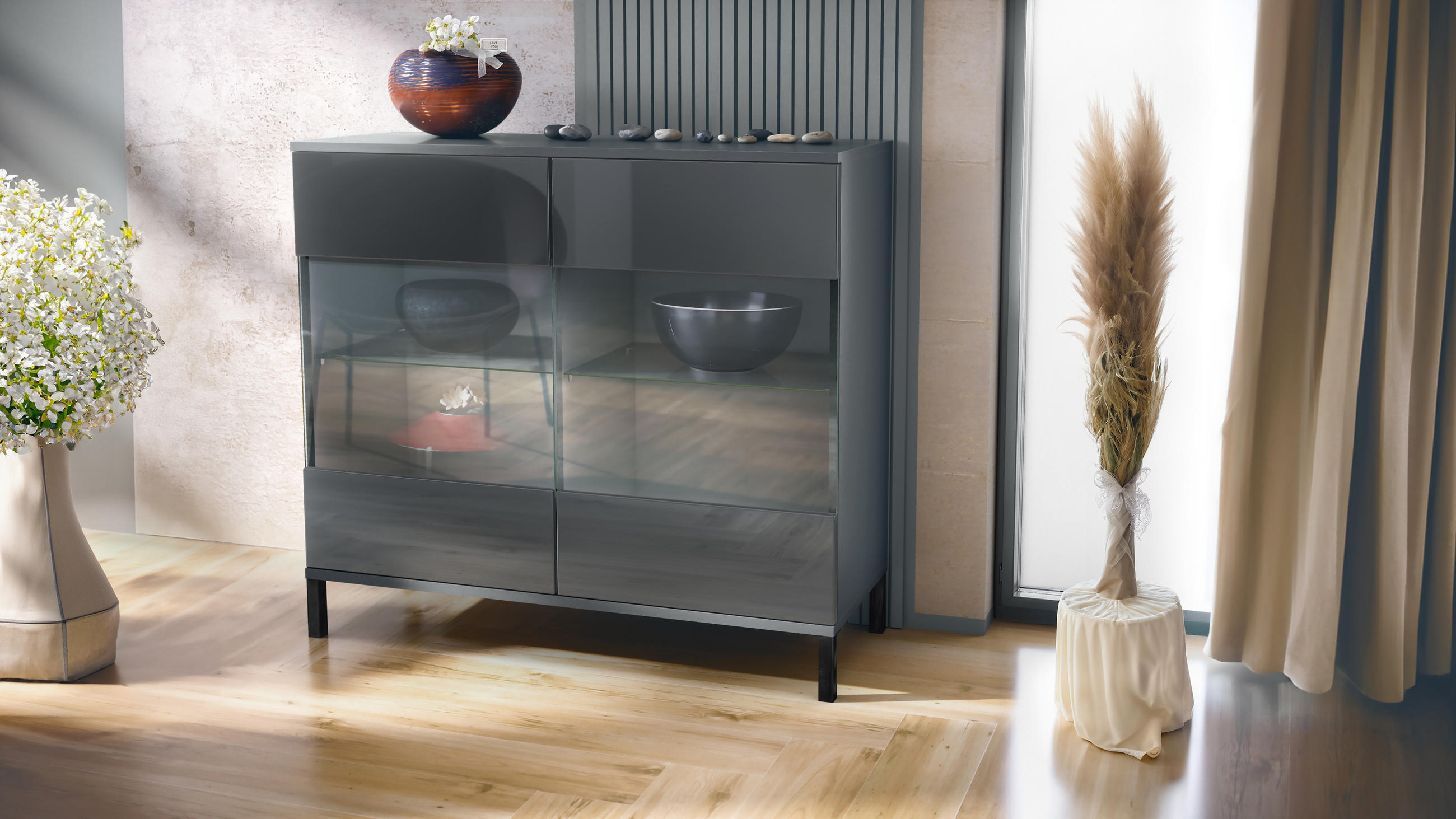 KOMMODE Bari Grau Hochglanz - Grau, Holzwerkstoff (92.5/83.5/35cm) - Vladon