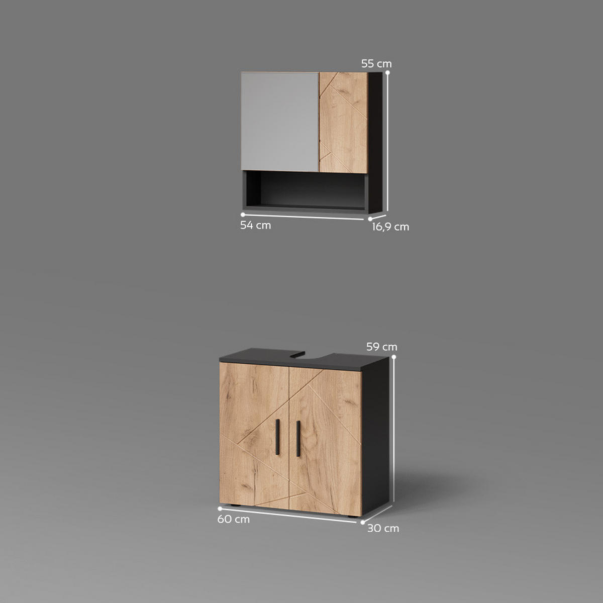 BADMÖBEL-SET Ronco Goldkraft Eiche/Anthrazit 2 Teile, Unterschrank 60 cm - Anthrazit/Eiche Wotan, Holzwerkstoff (60/59/30cm) - Livinity®