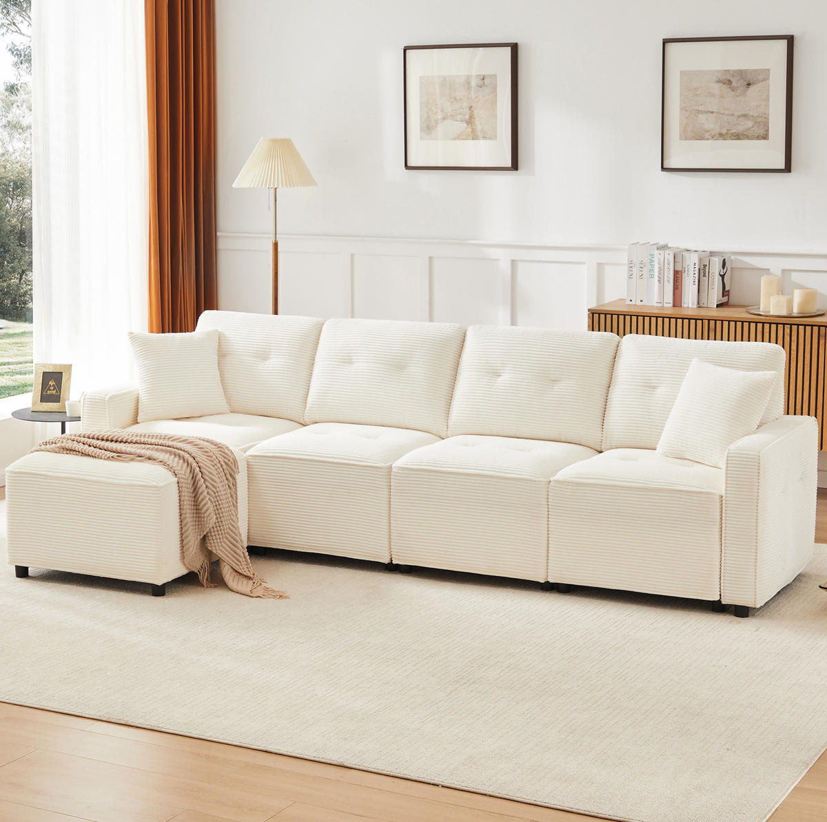 ECKSOFA 280/146/85 cm Beige aus Cord mit Stauraum und Hocker - Beige, Textil (146/280cm) - OKWISH