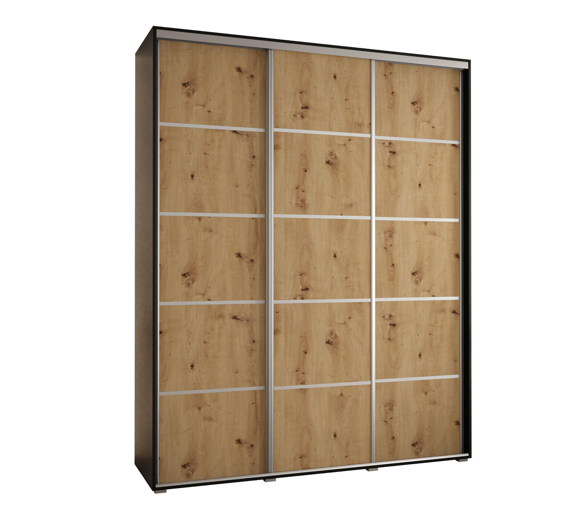 Abiks Möbel Schwebetürenschrank Schwarz, Eiche Artisan, Silber 190x235x60 cm