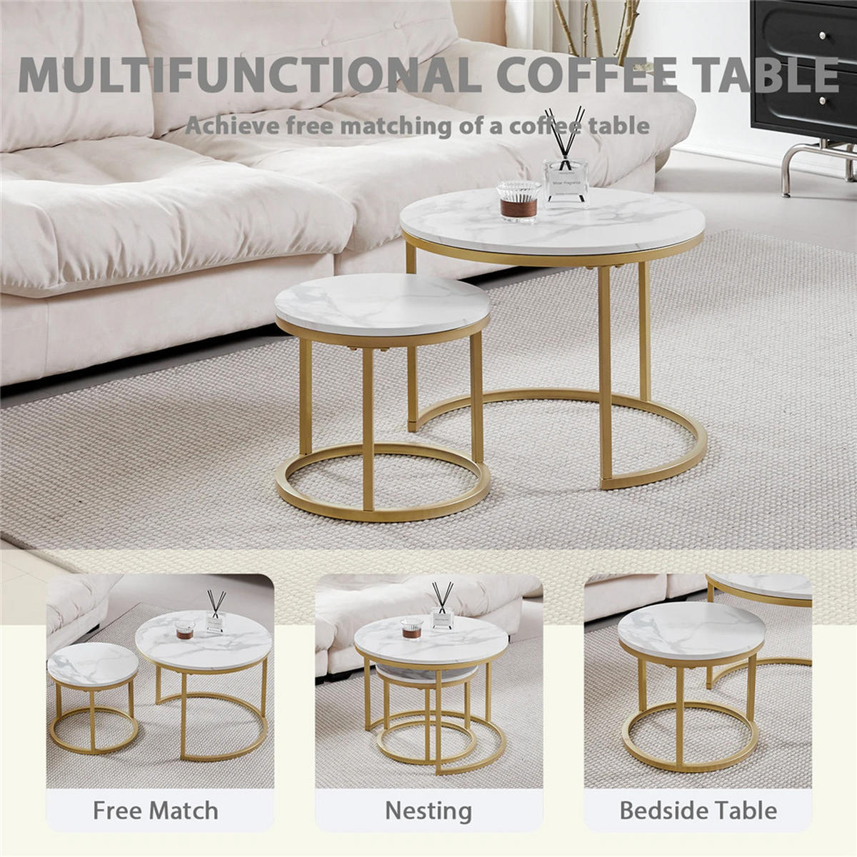 COUCHTISCH 2er-Set rund 60 cm Marmoroptik Wohnzimmertisch modern - Weiß, Metall (60/60/44.5cm) - Kaket