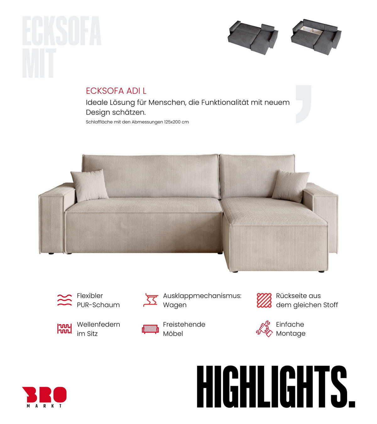 ECKSOFA ADI mit Schlaffunktion Vanille Cord - Creme, Textil (244/143cm) - Bromarkt